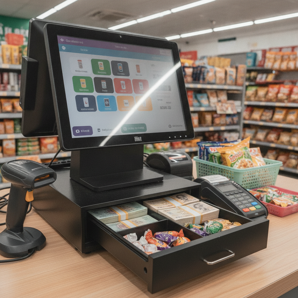 Close-up of retail POS system with cash drawer open, Vietnamese convenience store setting