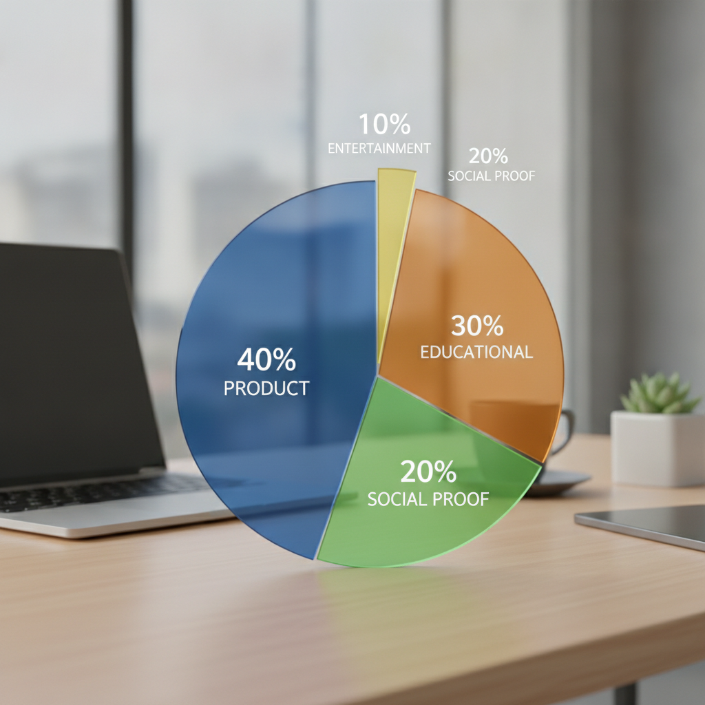 Content mix pie chart showing 40% product, 30% educational, 20% social proof, 10% entertainment, clean infographic style