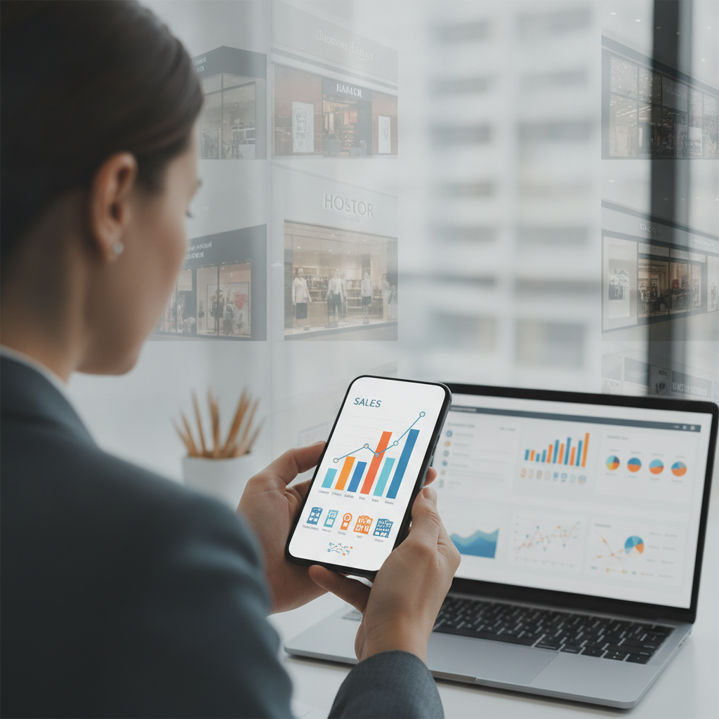 Business owner checking retail chain analytics on smartphone, multiple store locations concept illustration